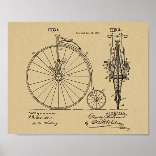 1887 High Wheeler Bicycle Patent Art Print (Voorkant)