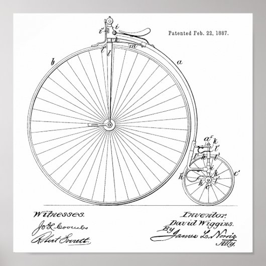 1887  High Wheeler Bicycle Patent Art Print (Voorkant)