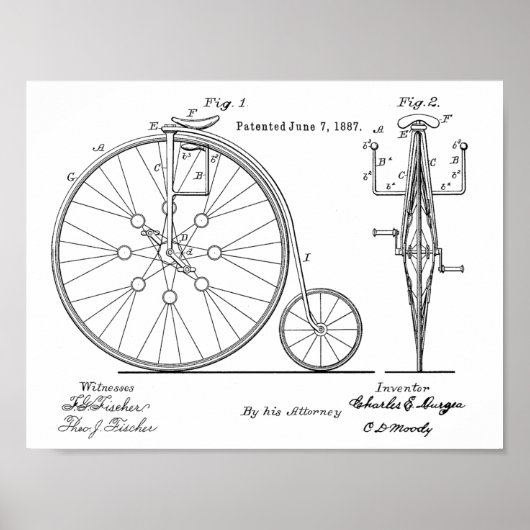 1887  High Wheeler Bicycle Patent Art Print (Voorkant)