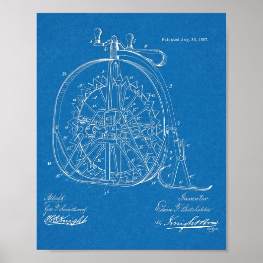 1887 Ice High Wheeler Bicycle Design Patent Print (Voorkant)
