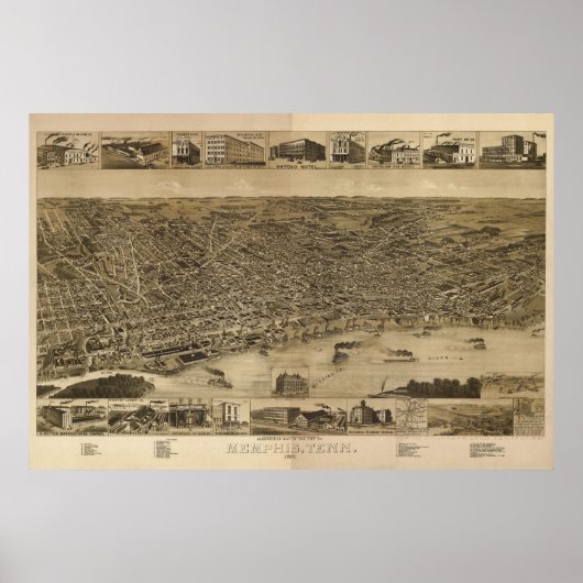 1887 Memphis, TN Birds Eye Uitzicht Panorama Poster (Voorkant)