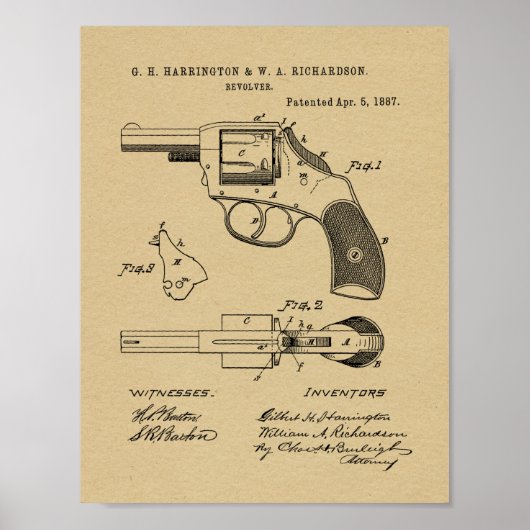 1887 Pistool Revolver Patent Art Drawing Print (Voorkant)