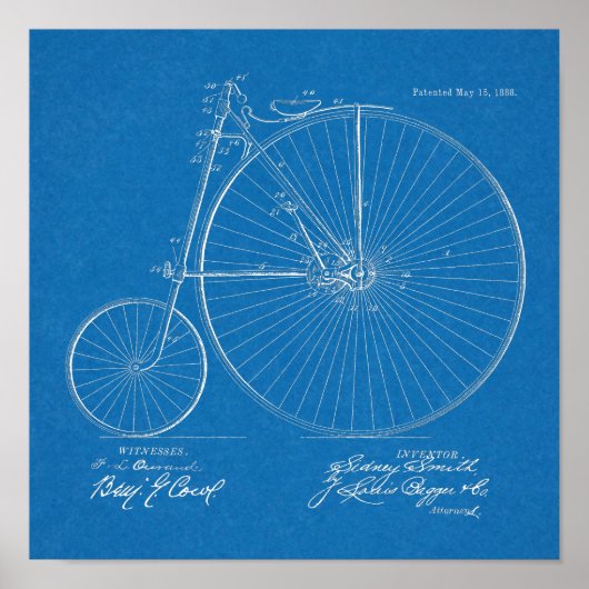 1888 High Wheeler Bicycle Design Patent Art Print (Voorkant)