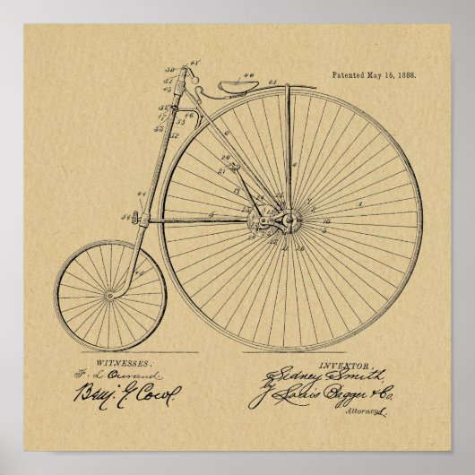 1888  High Wheeler Bicycle Patent Art Print (Voorkant)