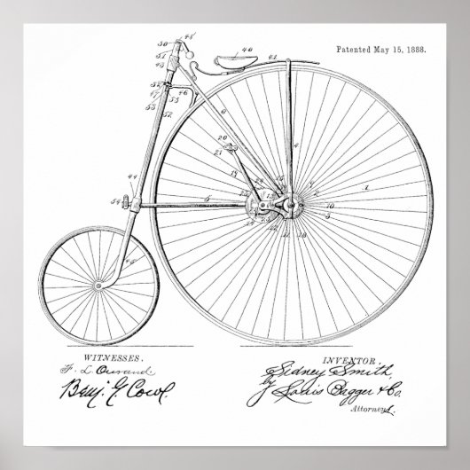1888  High Wheeler Bicycle Patent Art Print (Voorkant)