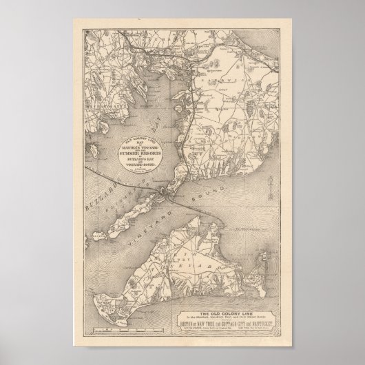 1888 Old Colony Railroad Marthas Vineyard Map Poster (Voorkant)