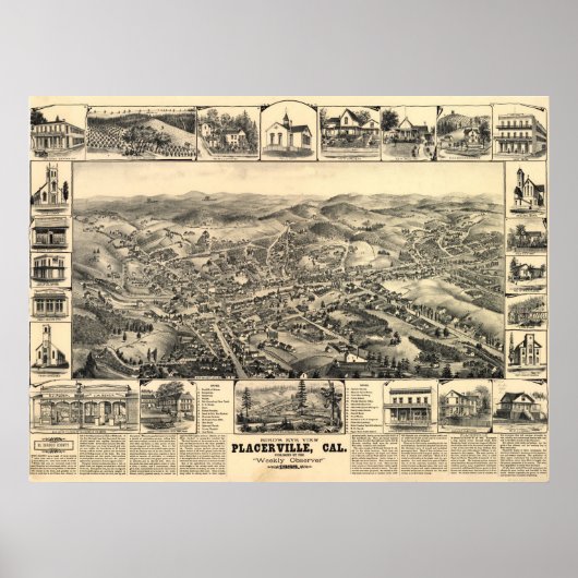 1888 Placerville CA Birds Eye Uitzicht Panoramic M Poster (Voorkant)