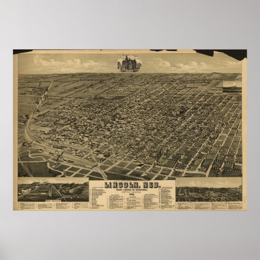 1889 Lincoln, NE Birds Eye Uitzicht Panoramic Map Poster (Voorkant)