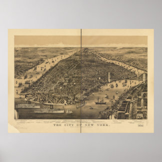 1889 New York City NY Birds Eye Uitzicht Panoramic Poster