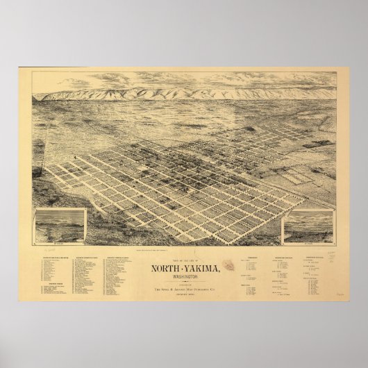 1889 North Yakima, WA Birds Eye Uitzicht Panoramic Poster (Voorkant)