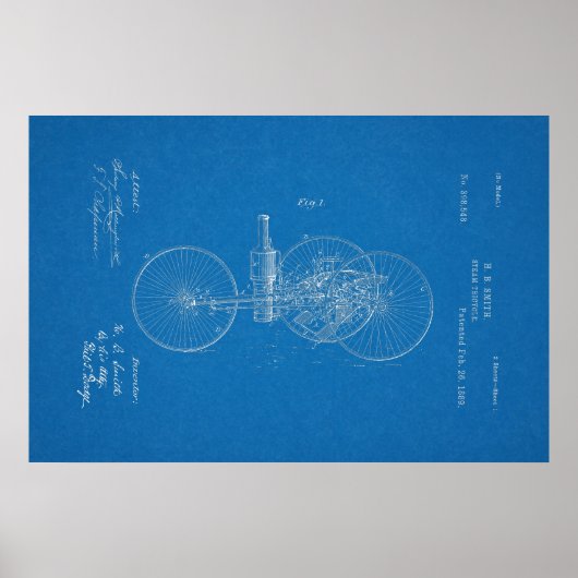 1889  Steam Tricycle Patent Blueprint Art Poster (Voorkant)