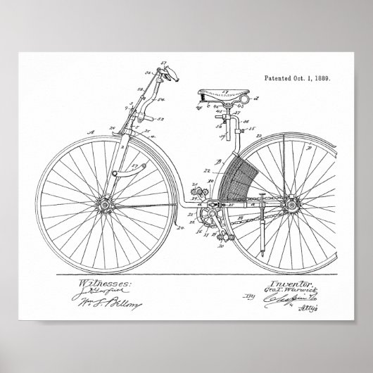 1889 Vintage Bicycle Patent Art Print (Voorkant)
