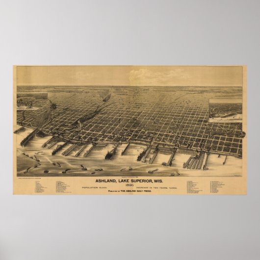 1890 Ashland, WI Birds Eye Uitzicht Panoramic Map Poster (Voorkant)