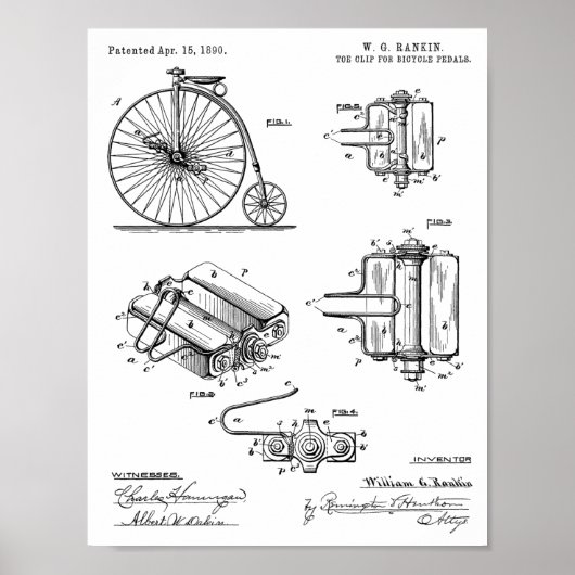 1890 Bicycle High Wheeler Pedal Design Patent Art Poster (Voorkant)