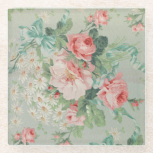 1890 Britse  Stof Rozen & Daisies Glazen Onderzetter