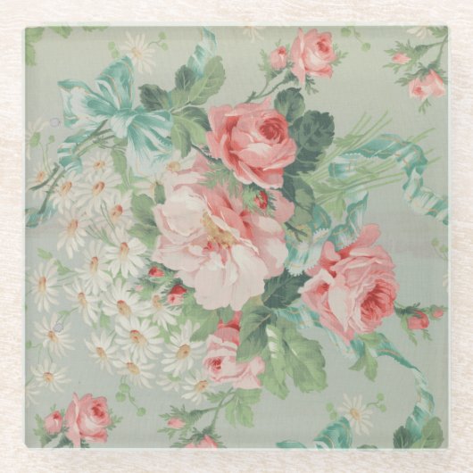 1890 Britse  Stof Rozen & Daisies Glazen Onderzetter (Voorkant)