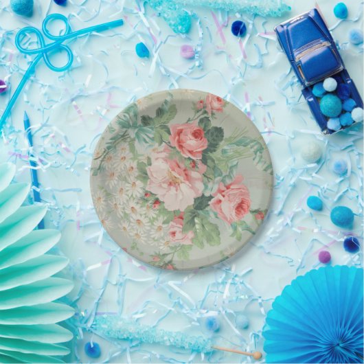 1890 Britse  Stof Rozen & Daisies Papieren Bordje (Feest)