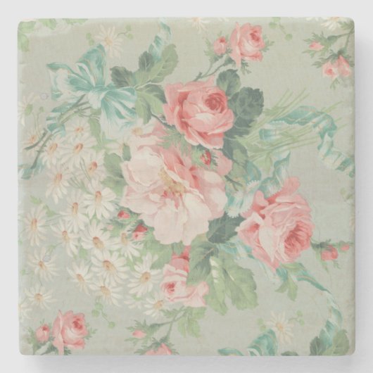 1890 Britse  Stof Rozen & Daisies Stenen Onderzetter (Voorkant)