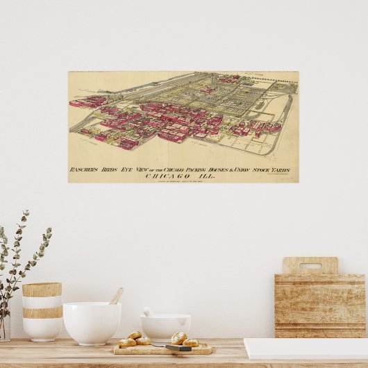1890 Kaart van het Meatpakstation van Chicago Poster (Keuken)
