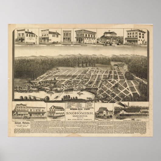 1890 Snohomish, WA Birds Eye Uitzicht Panoramic Ma Poster (Voorkant)