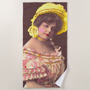 1890 vrouw in friet attire print strandlaken