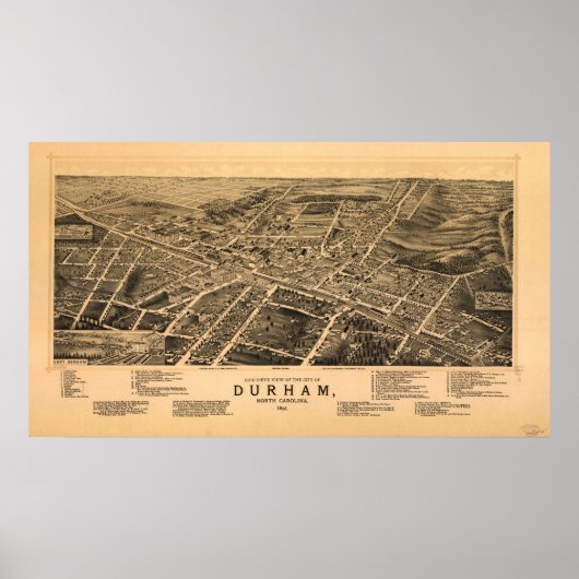 1891 Durham, NC Birds Eye Uitzicht Panoramic Map Poster (Voorkant)
