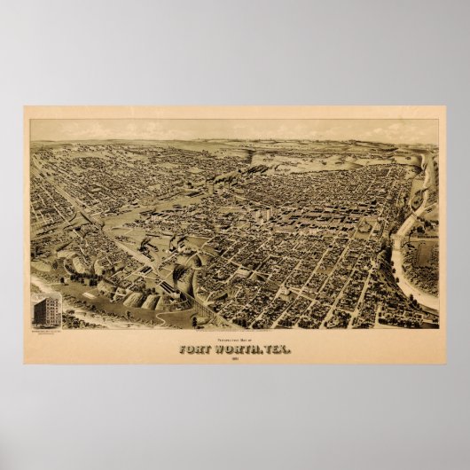 1891 Map of Fort Worth, Texas Birds Eye Uitzicht Poster (Voorkant)