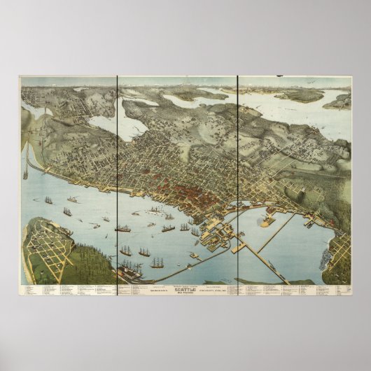 1891 Seattle, WA Birds Eye Uitzicht Panorama Poster (Voorkant)