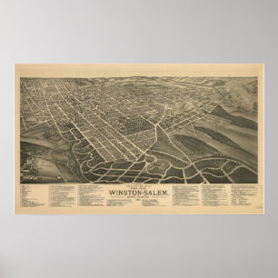 1891 Winston Salem NC Birds Eye Uitzicht Panoramic Poster