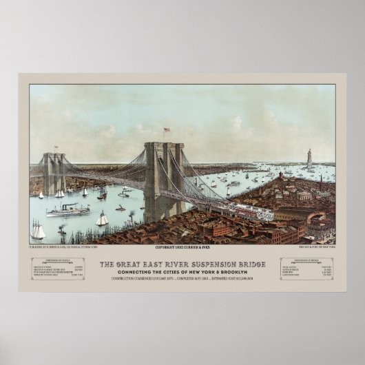 1892 Currier & Ives Brooklyn Bridge Lithograph Poster (Voorkant)