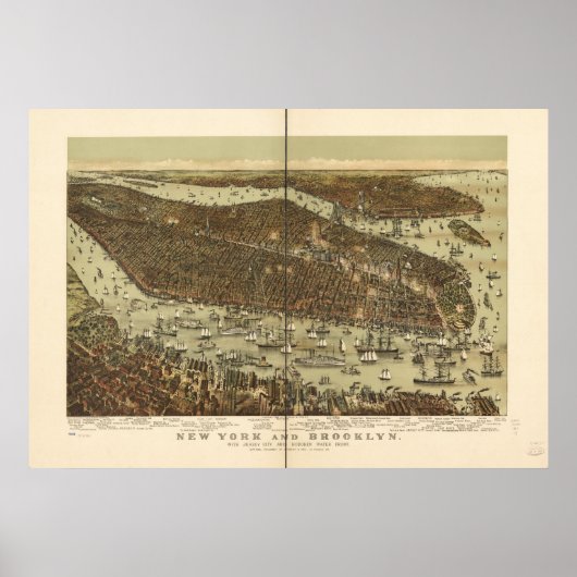 1892 New York & Brooklyn Birds Eye Panoramic Map Poster (Voorkant)