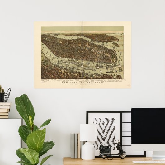 1892 New York & Brooklyn Birds Eye Panoramic Map Poster (Thuiskantoor)