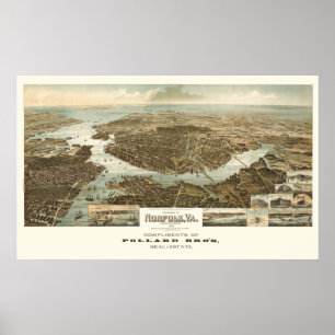 1892 Norfolk, VA Bird's Eye Uitzicht Panoramic Map Poster