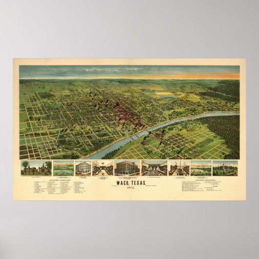 1892 Waco, TX Bird's Eye Uitzicht Panorama Poster (Voorkant)