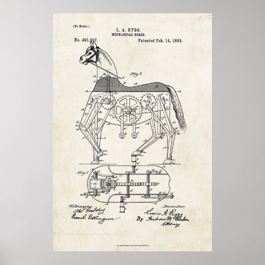 1893 Mechanical Horse Patent Print (Voorkant)