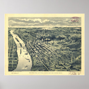 1893 Saint Paul, MN Birds Eye Uitzicht Panoramic M Poster