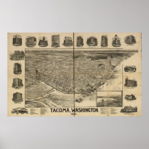 1893 Tacoma, WA Birds Eye Uitzicht Panorama Poster