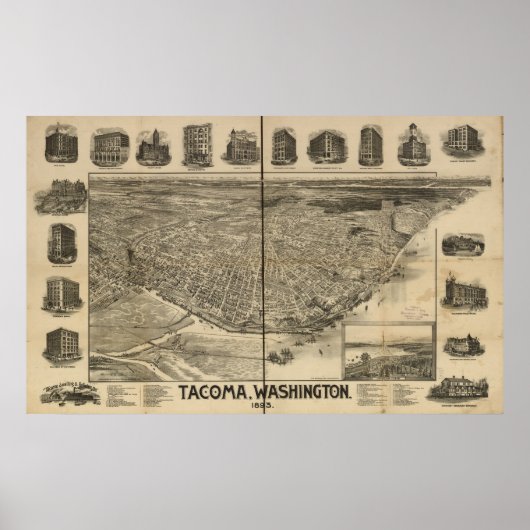 1893 Tacoma, WA Birds Eye Uitzicht Panorama Poster (Voorkant)