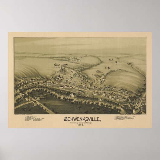 1894 Aerial Map Schwenksville PA Pennsylvania Poster (Voorkant)