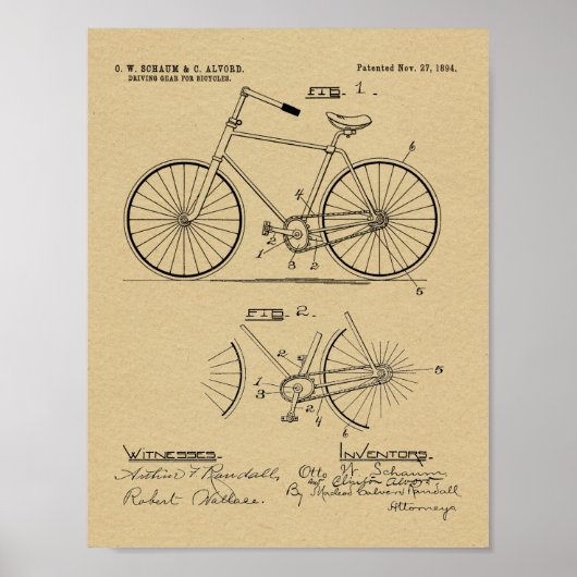 1894 Elliptical Gear Bicycle Design Patent Print (Voorkant)