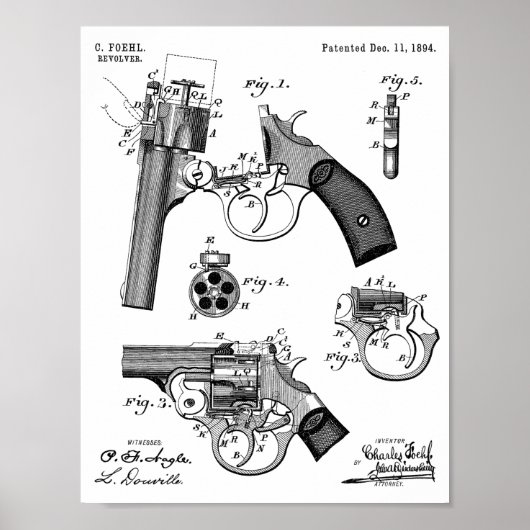 1894 Foehl Pistool Patent Art Drawing Print (Voorkant)