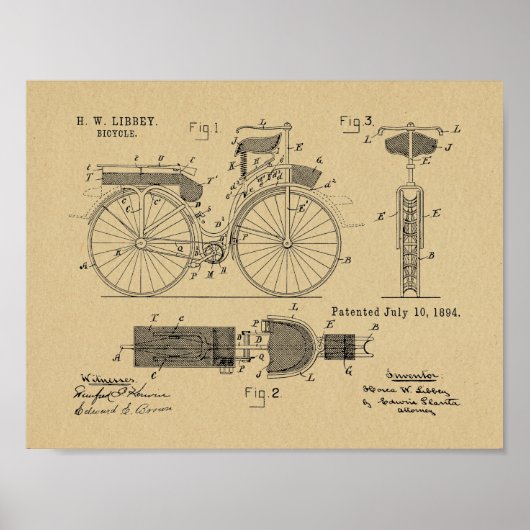 1894 Military Bicycle Patent Art Drawing Print (Voorkant)