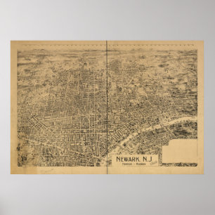 1895 Newark, NJ Birds Eye Uitzicht Panoramic Map Poster