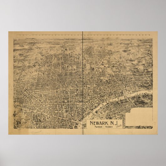 1895 Newark, NJ Birds Eye Uitzicht Panoramic Map Poster (Voorkant)