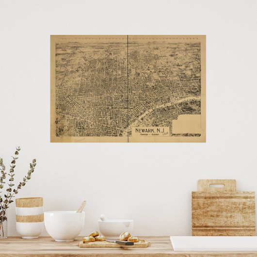 1895 Newark, NJ Birds Eye Uitzicht Panoramic Map Poster (Keuken)