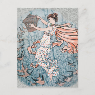 1896 Art Nouveau Illustration with Woman and Birds Briefkaart
