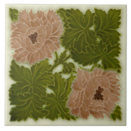 1896 Minton Peony Pink & Green Majolica Tile Repro Tegeltje