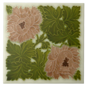 1896 Minton Peony Pink & Green Majolica Tile Repro Tegeltje