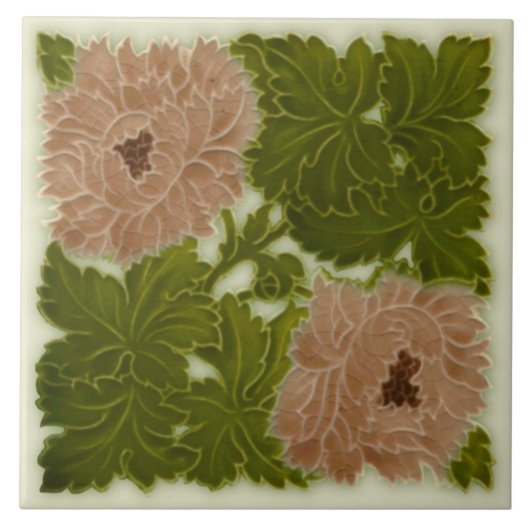 1896 Minton Peony Pink & Green Majolica Tile Repro Tegeltje (Voorkant)