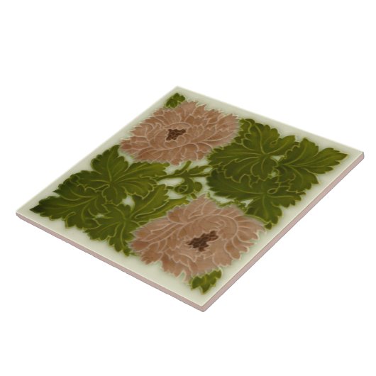 1896 Minton Peony Pink & Green Majolica Tile Repro Tegeltje (Zijkant)